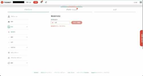 テッドベットカジノでの登録電話番号の認証